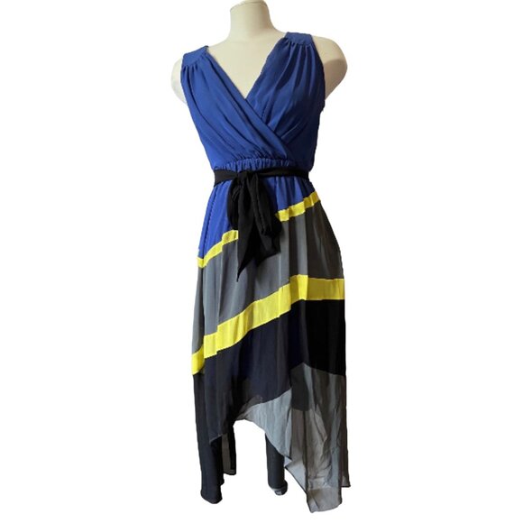 Max and Cleo Sheer Asymmetrical Dress Sz 4 (Small) Striped Blue, Yellow, & Gray - Picture 8 of 15